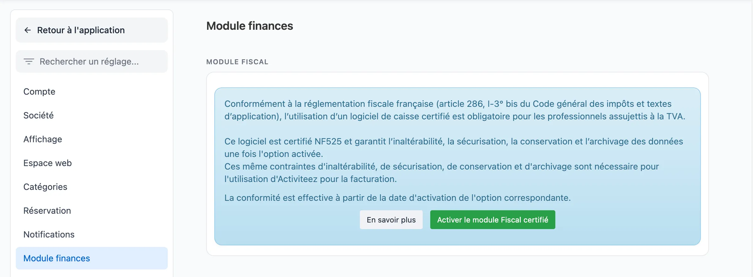 Paramètres — Module finances, bouton Activer la conformité NF525