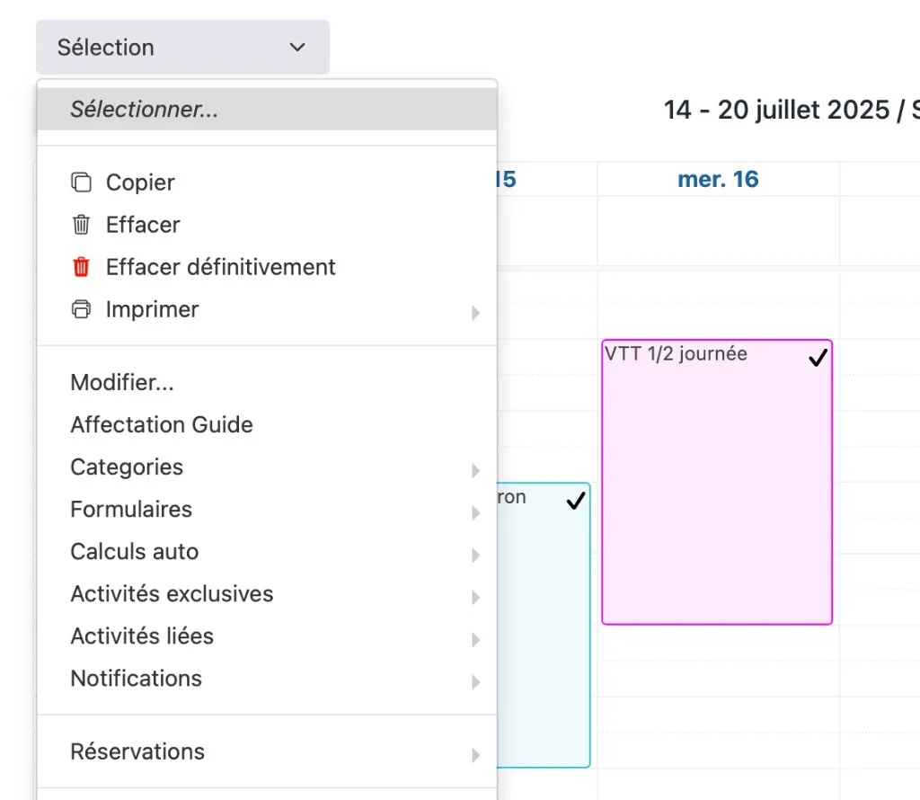 Planning — activité sélectionnée avec coche et menu Sélection ouvert