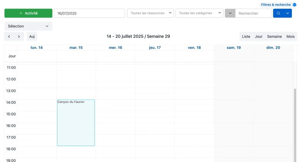 Planning en vue Semaine — créneau d’activité Canyon du Fauron sur le mardi 15 juillet