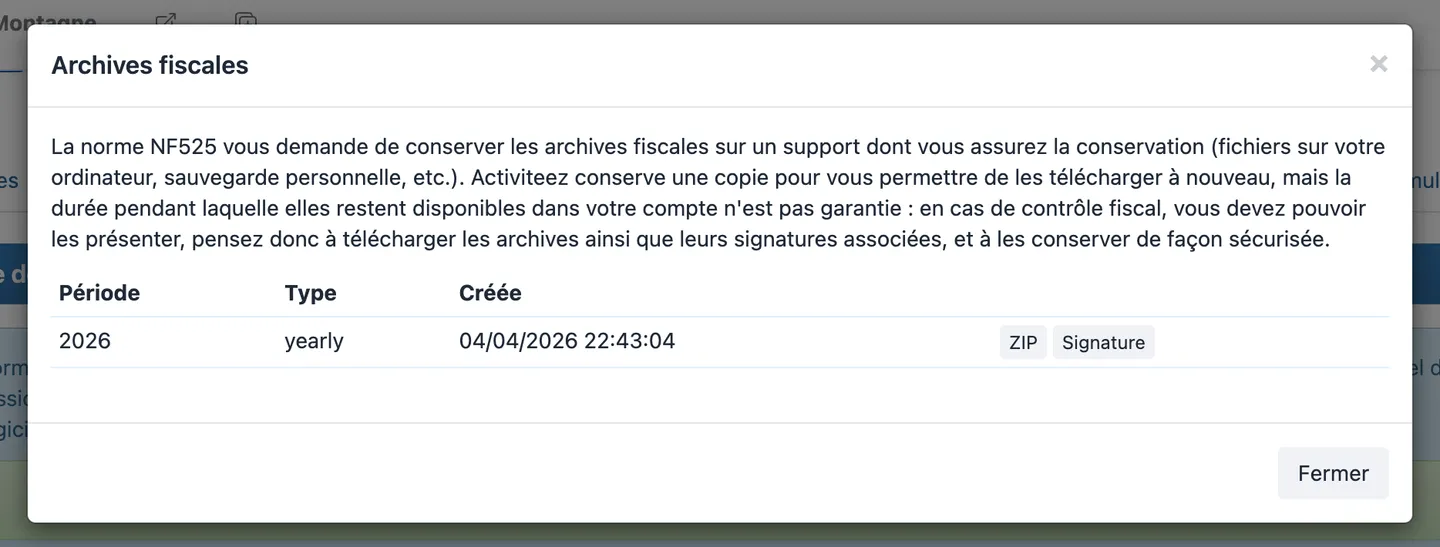 Liste des archives fiscales — téléchargement ZIP et signature