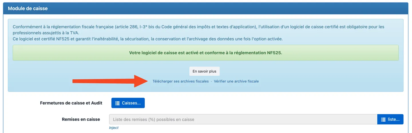 Préférences — Module de caisse, accès aux archives fiscales