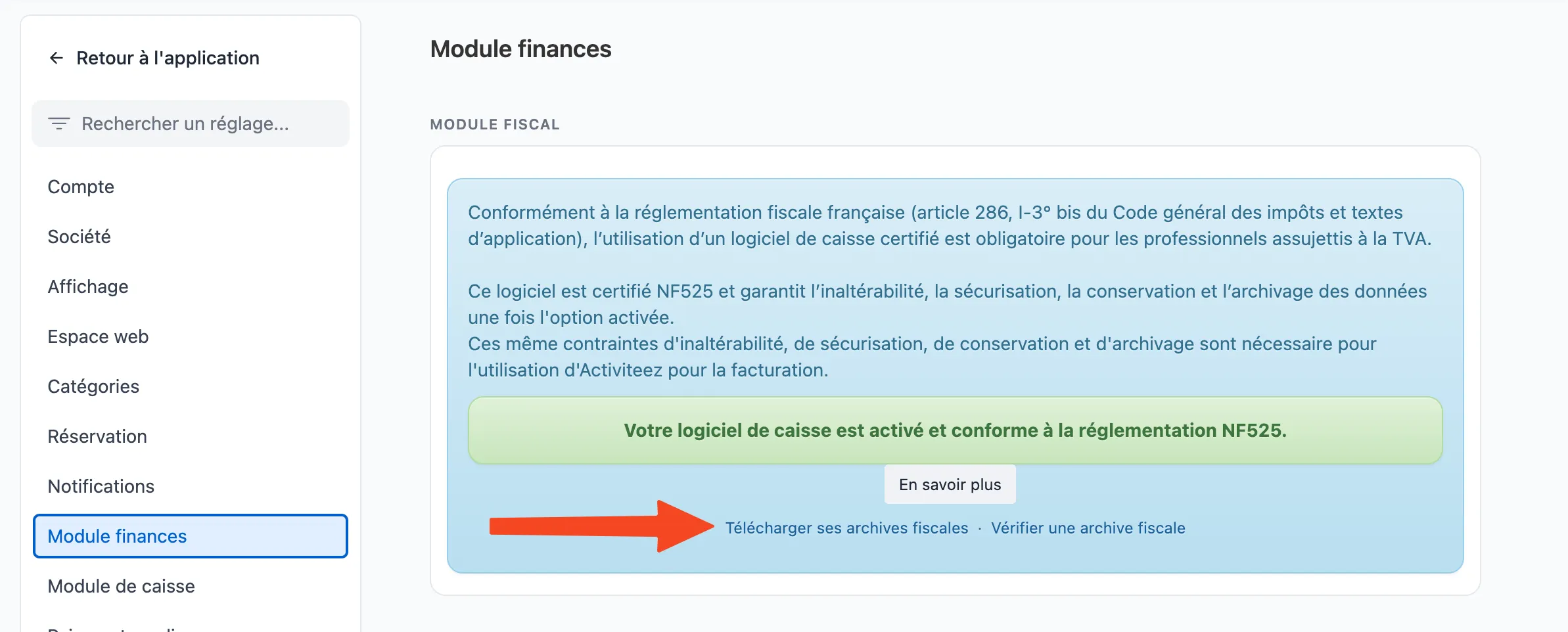 Paramètres — Module finances, accès aux archives fiscales
