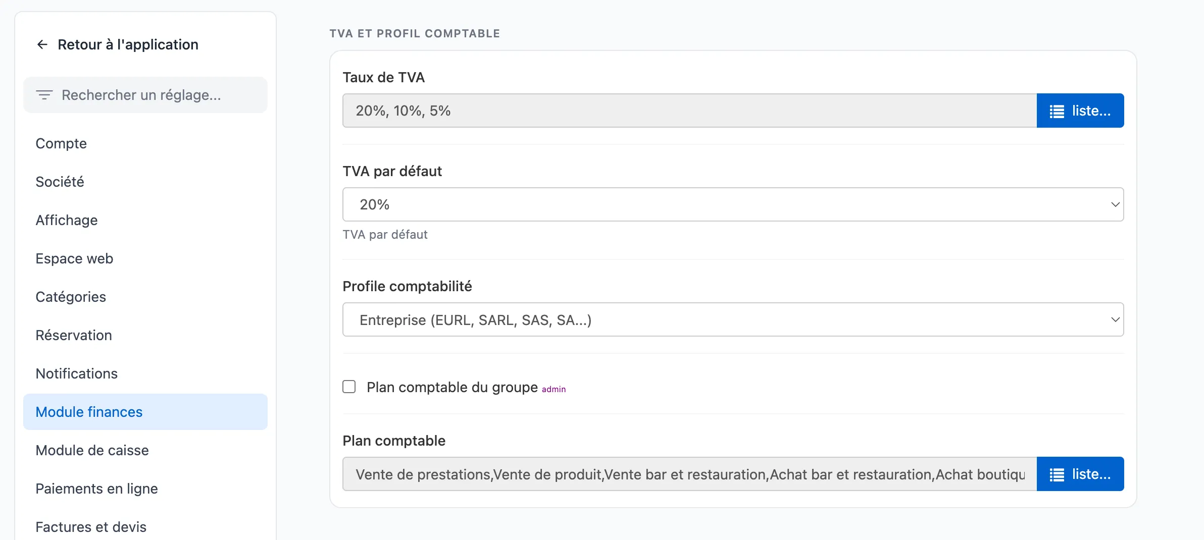 Paramètres — Module finances, TVA et profil comptable