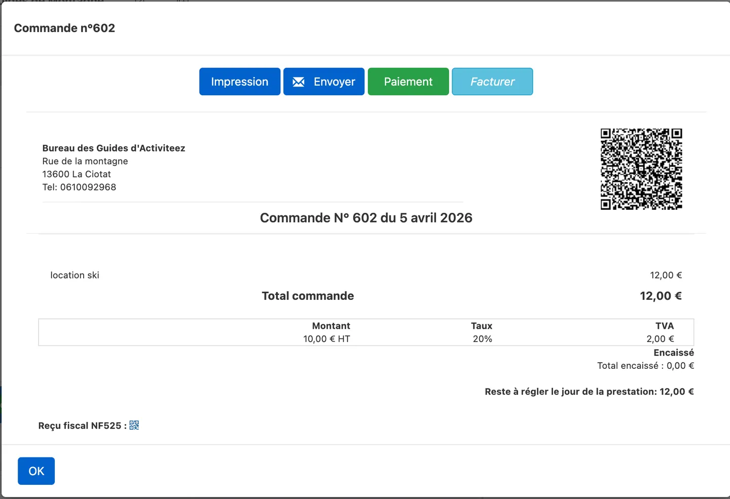 Ticket court — actions Impression, Envoyer, Paiement, Facturer