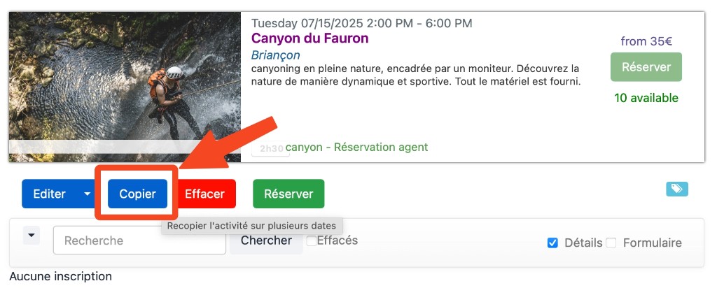 Fiche activité — bouton Copier pour recopier l’activité sur plusieurs dates