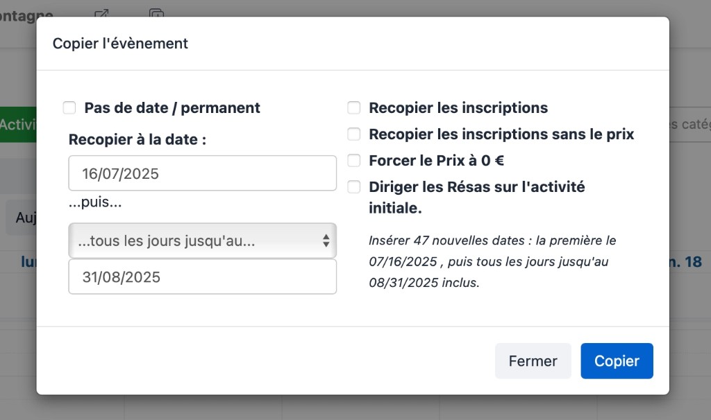 Fenêtre Copier l’évènement — date de début, récurrence tous les jours et date de fin