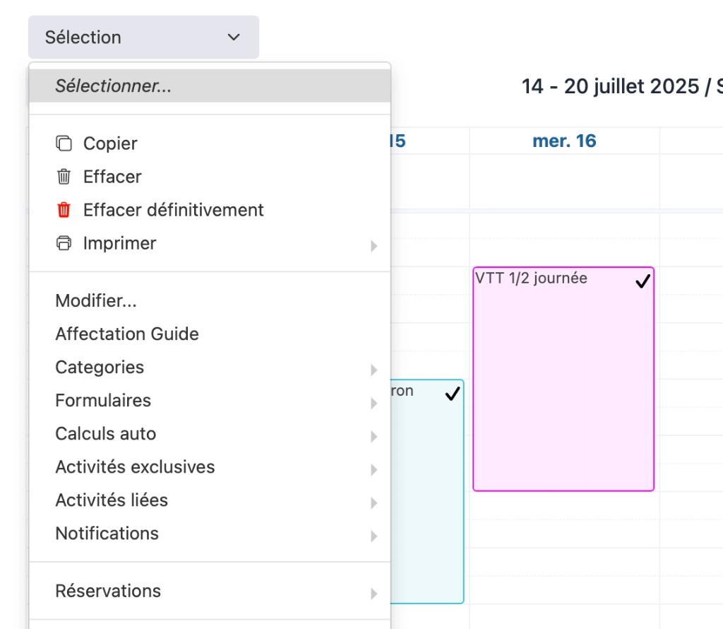 Planning — activité sélectionnée avec coche et menu Sélection ouvert