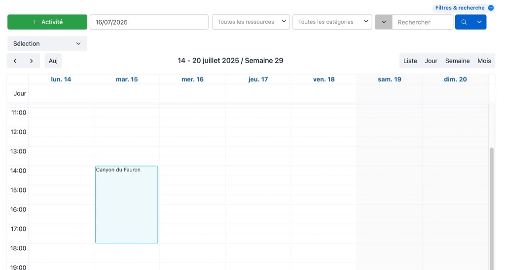 Planning en vue Semaine — créneau d’activité Canyon du Fauron sur le mardi 15 juillet