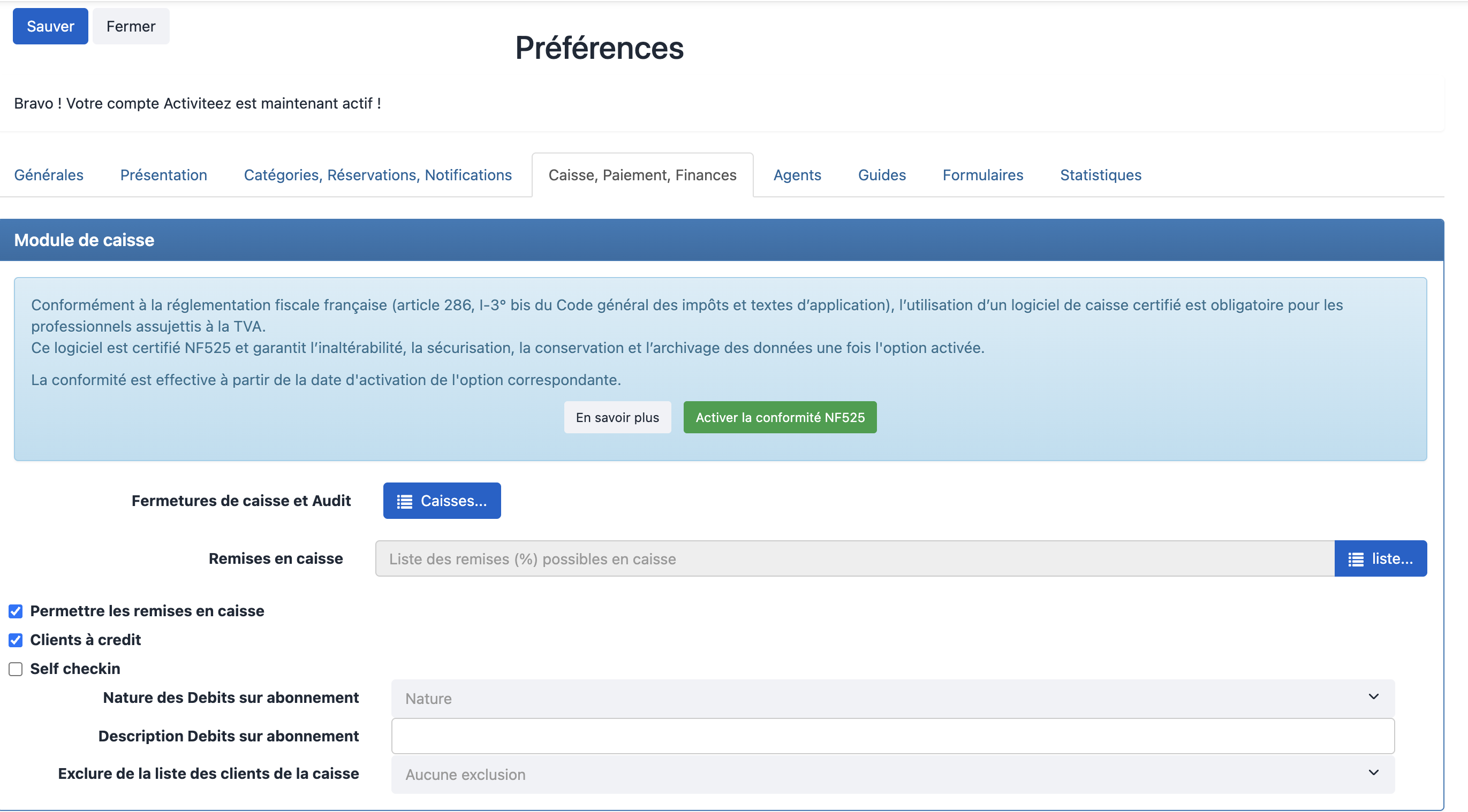 Préférences — Module de caisse, bouton Activer la conformité NF525
