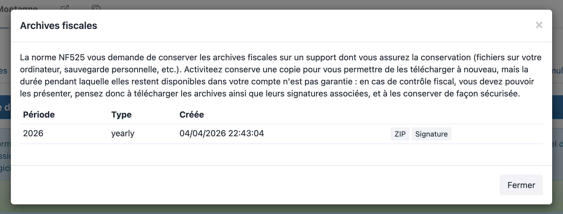 Liste des archives fiscales — téléchargement ZIP et signature