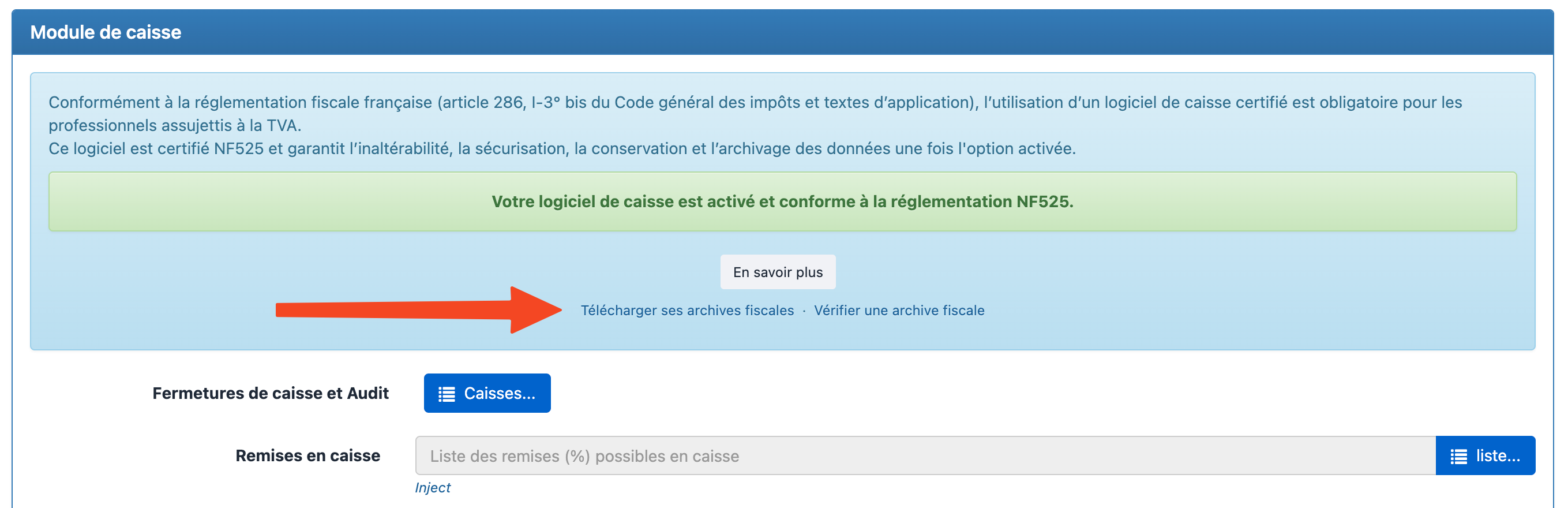 Préférences — Module de caisse, accès aux archives fiscales