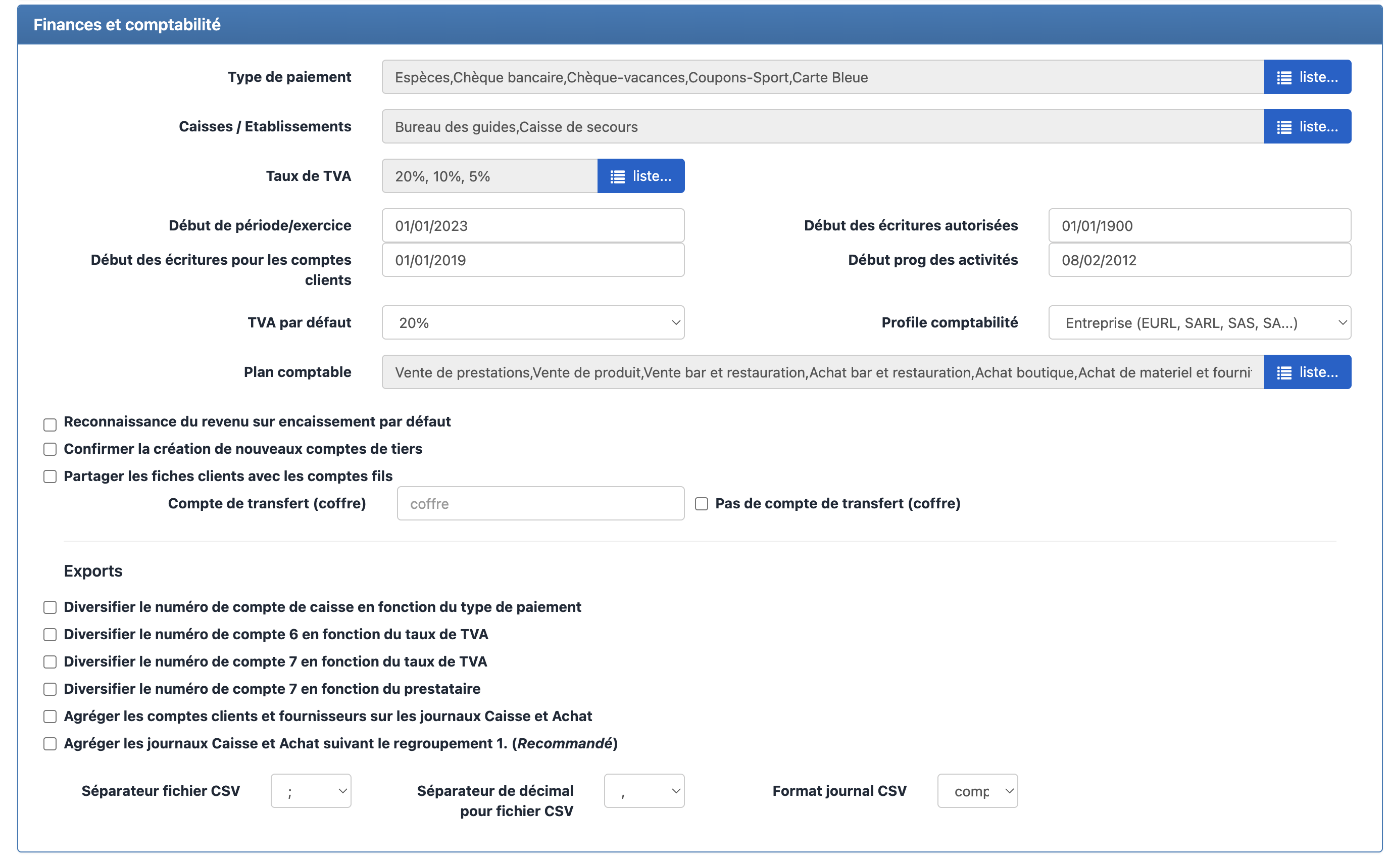 Préférences — Finances et comptabilité, TVA et profil comptable