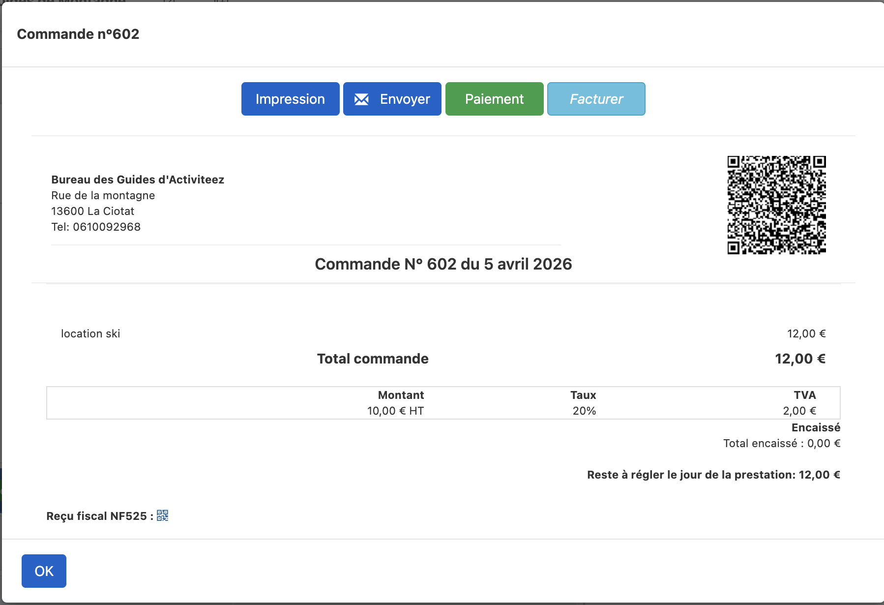 Ticket court — actions Impression, Envoyer, Paiement, Facturer